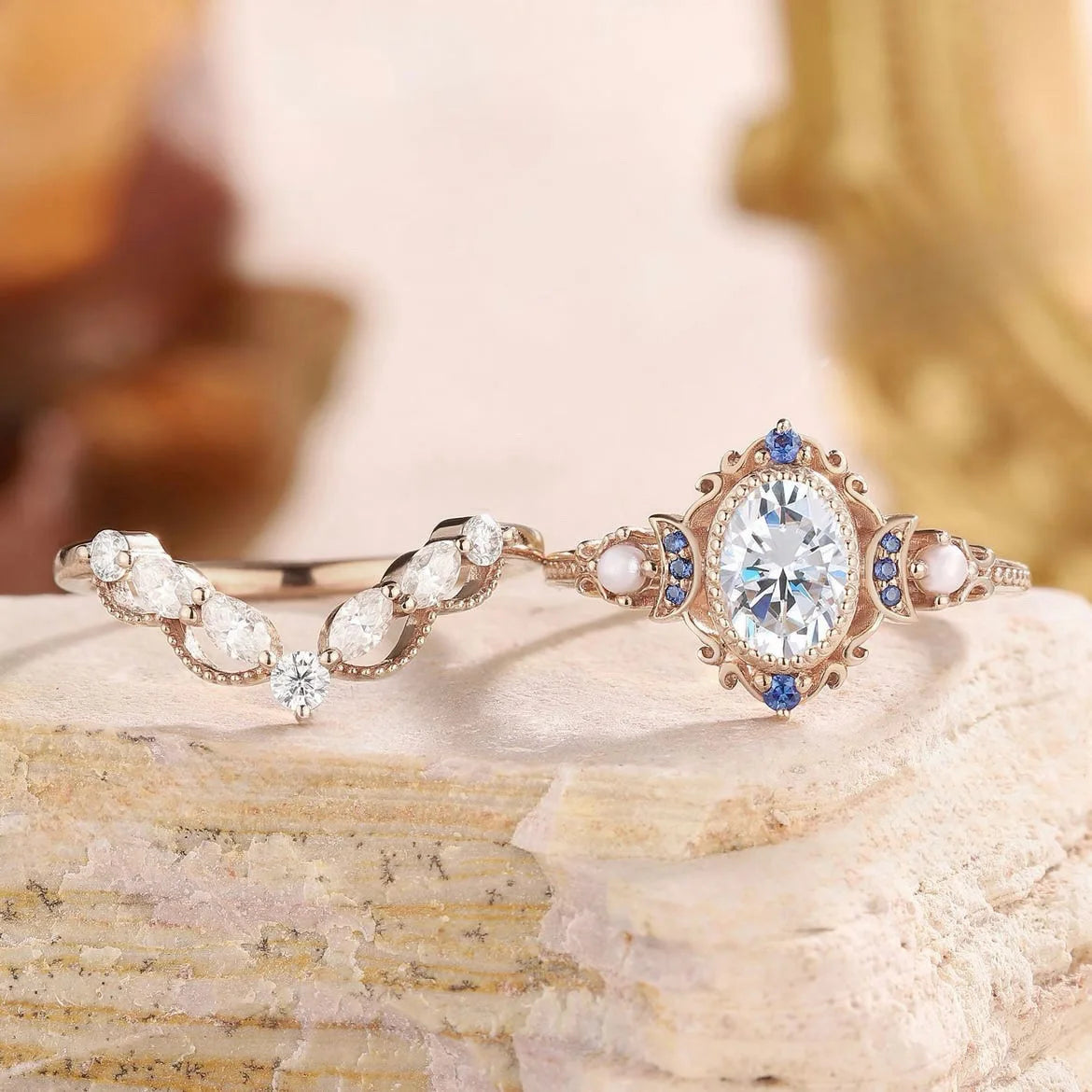 2Pcs/Set Fashion Rose Gold Color Rhinestone Zircon Rings For Women Full Crystal Rings Star Moon Wedding Engagement Jewelry Gifts KARO