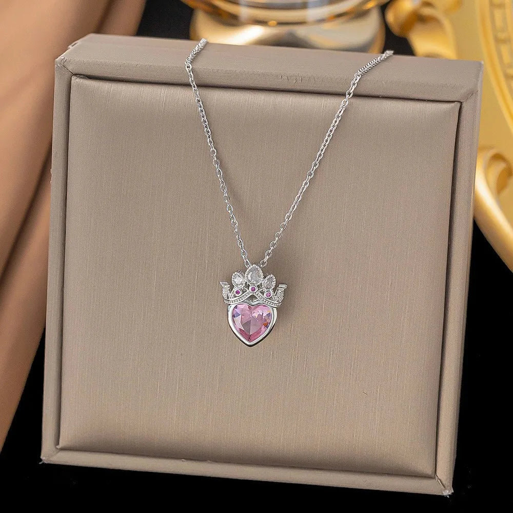 Cute Romance Silver Color Stainless Steel Pink Crystal Crown Heart Pendant Necklace for Women Luxury Bride Rings Jewelry Set KARO