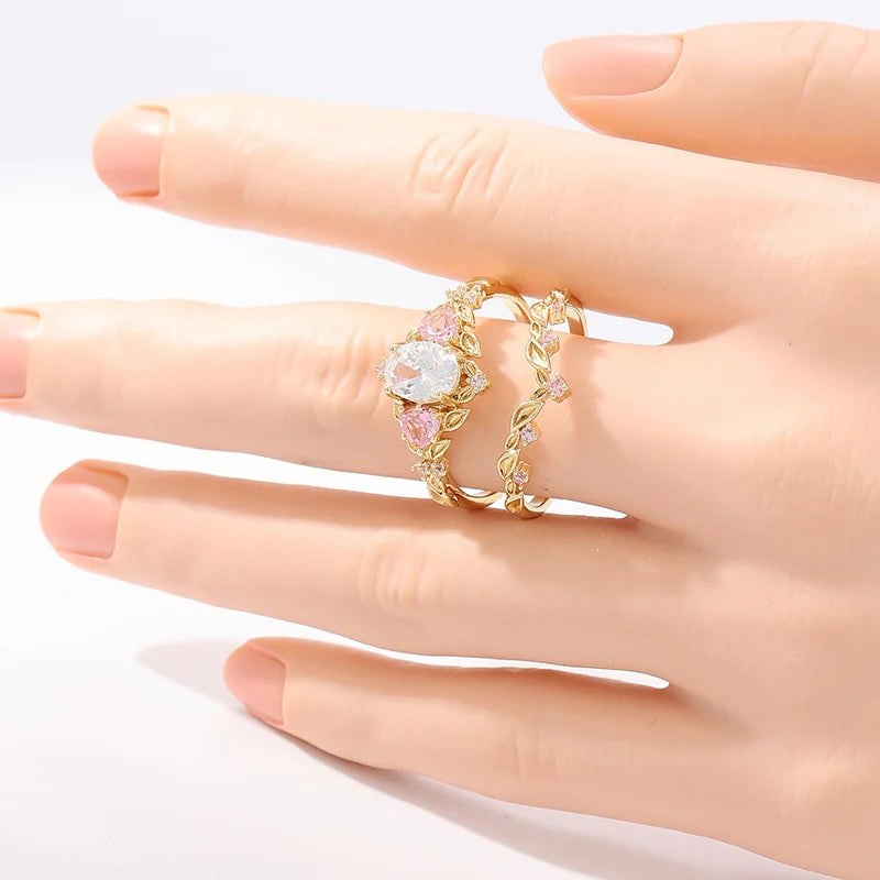 2 Pcs/set Retro Elegant Pink Synthetic Zircon Ring, Ladies' Engagement Proposal Gift, Jewelry KARO