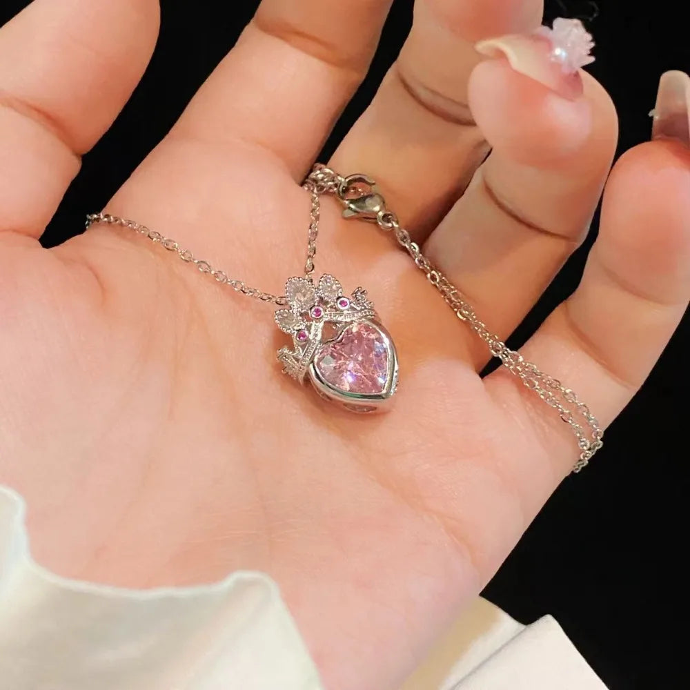 Cute Romance Silver Color Stainless Steel Pink Crystal Crown Heart Pendant Necklace for Women Luxury Bride Rings Jewelry Set KARO
