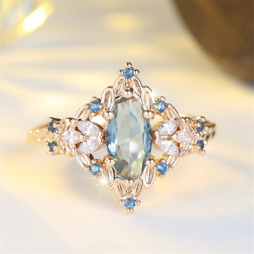 Fashion Blue Crystal Marquise Oval Stone Flower Rings For Women Vintage Gold Color Engagement Ring Wedding Jewelry Bridal Gifts KARO
