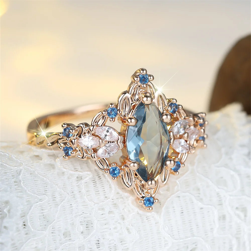 Fashion Blue Crystal Marquise Oval Stone Flower Rings For Women Vintage Gold Color Engagement Ring Wedding Jewelry Bridal Gifts KARO