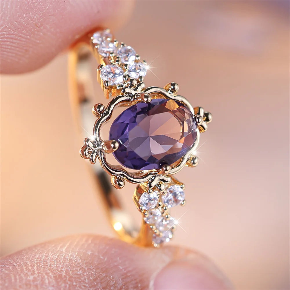 Trendy Purple Crystal Oval Stone Flower Rings For Women Vintage Gold Color Bridal Wedding Band Bithstone Jewelry Engagement Gift KARO