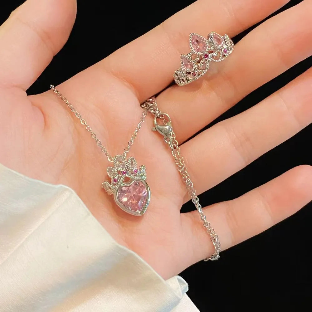 Cute Romance Silver Color Stainless Steel Pink Crystal Crown Heart Pendant Necklace for Women Luxury Bride Rings Jewelry Set KARO