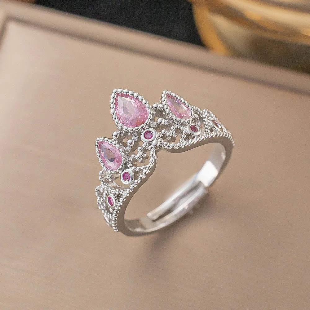 Cute Romance Silver Color Stainless Steel Pink Crystal Crown Heart Pendant Necklace for Women Luxury Bride Rings Jewelry Set KARO
