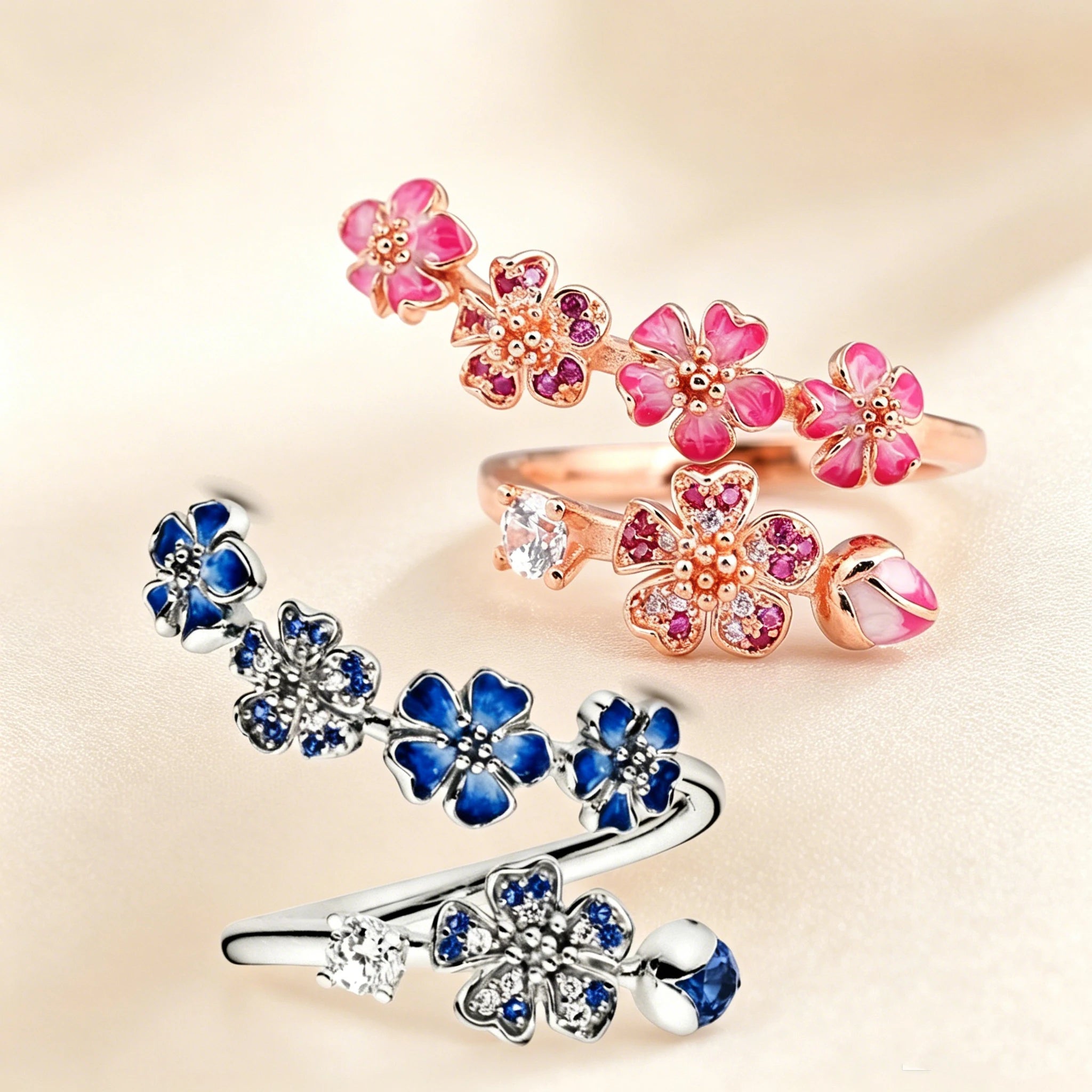 FTCY S925 Silver Rose Enamel Peach Blossom Crystal Ring For Women Simple Fine Ring Wedding Party Wholesale Jewelry KARO