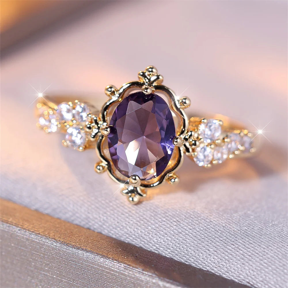 Trendy Purple Crystal Oval Stone Flower Rings For Women Vintage Gold Color Bridal Wedding Band Bithstone Jewelry Engagement Gift KARO