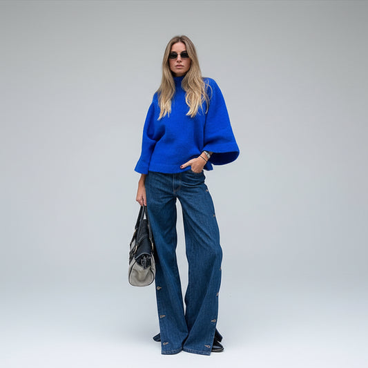 Noemi סוודר סרוג צווארון גבוה עם שרוול מתרחב