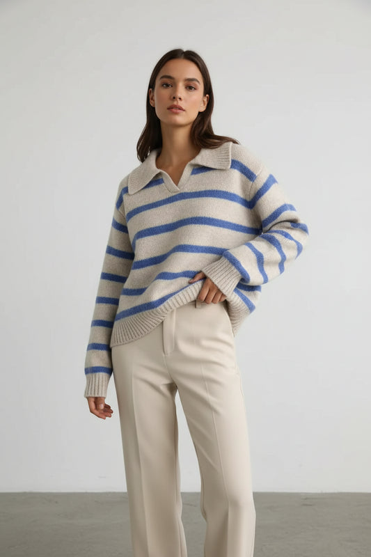 Noah סוודר סרוג פסים עם צווארון פולו לנשים
