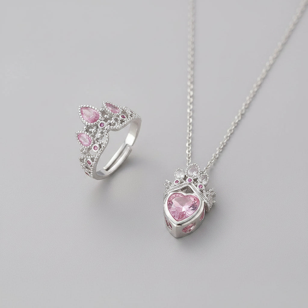 Cute Romance Silver Color Stainless Steel Pink Crystal Crown Heart Pendant Necklace for Women Luxury Bride Rings Jewelry Set KARO