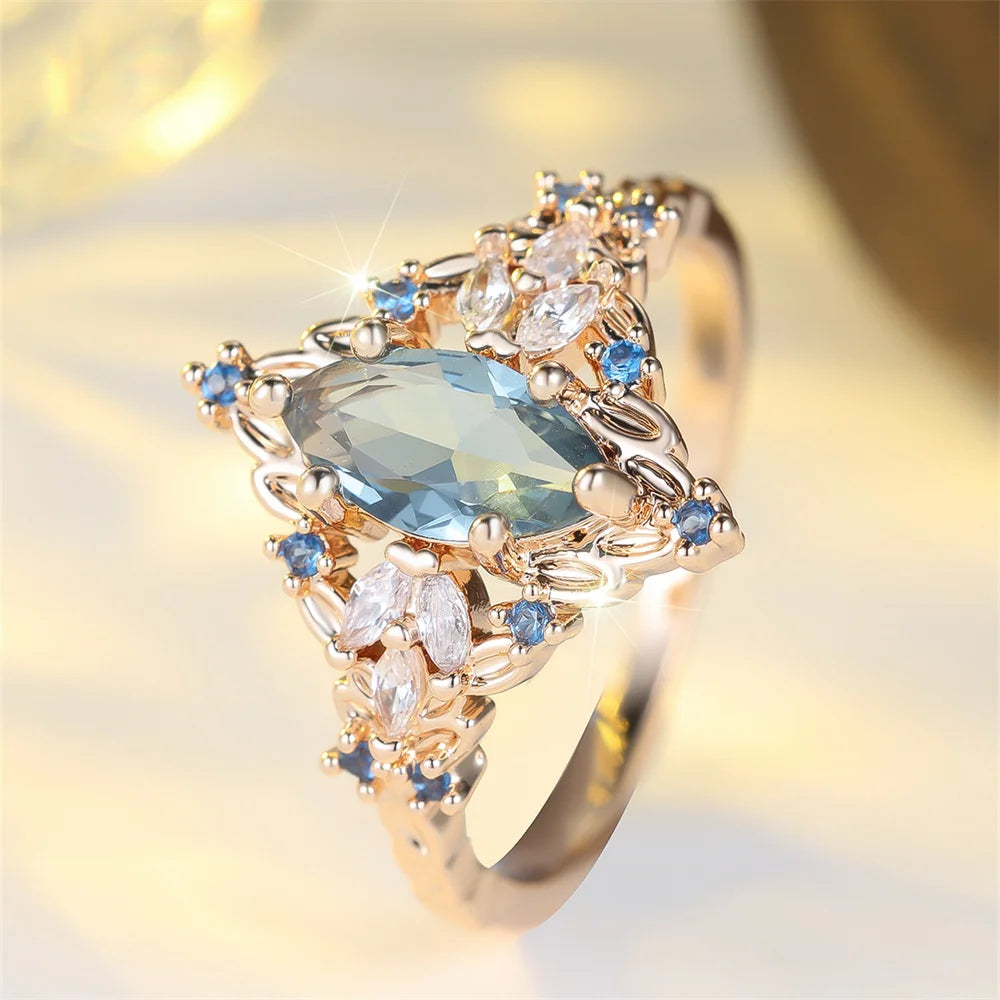 Fashion Blue Crystal Marquise Oval Stone Flower Rings For Women Vintage Gold Color Engagement Ring Wedding Jewelry Bridal Gifts KARO