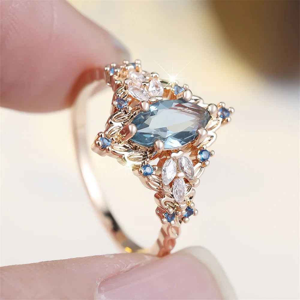 Fashion Blue Crystal Marquise Oval Stone Flower Rings For Women Vintage Gold Color Engagement Ring Wedding Jewelry Bridal Gifts KARO