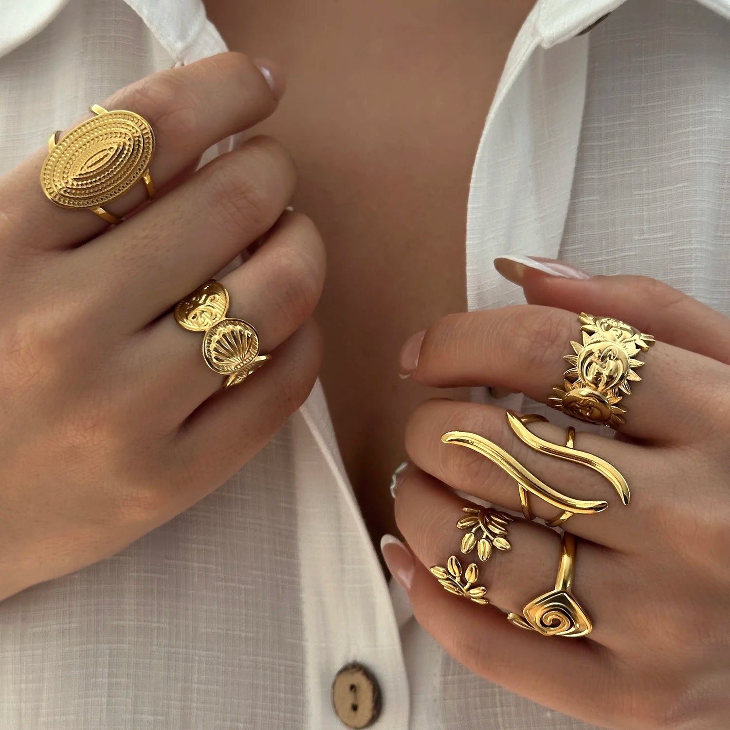 Gmai PVD Plated Stainless Steel Open Rings Set for Women Vintage Sun Leaf Shell Geometric Cuff Ring Hypoallergenic Jewelry Gift KARO