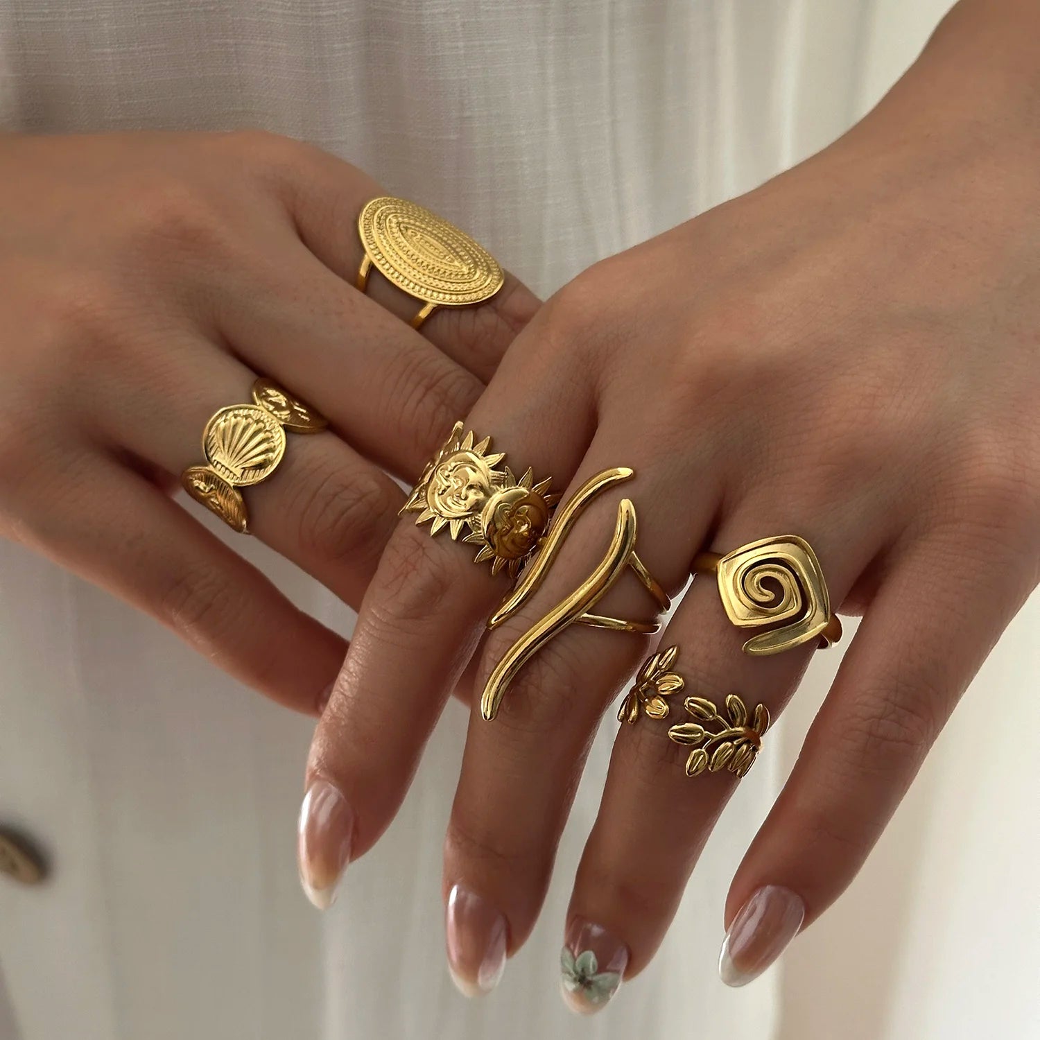 Gmai PVD Plated Stainless Steel Open Rings Set for Women Vintage Sun Leaf Shell Geometric Cuff Ring Hypoallergenic Jewelry Gift KARO