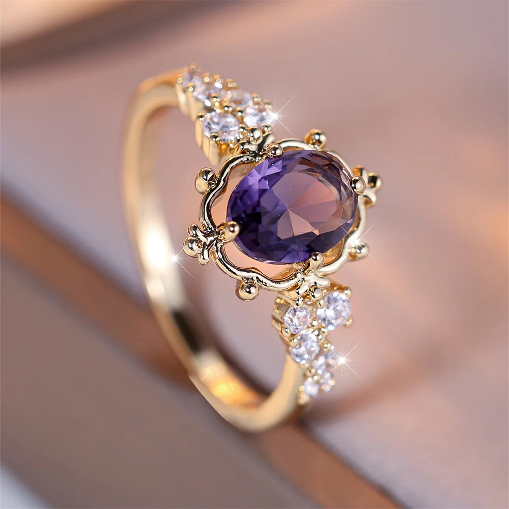 Trendy Purple Crystal Oval Stone Flower Rings For Women Vintage Gold Color Bridal Wedding Band Bithstone Jewelry Engagement Gift KARO