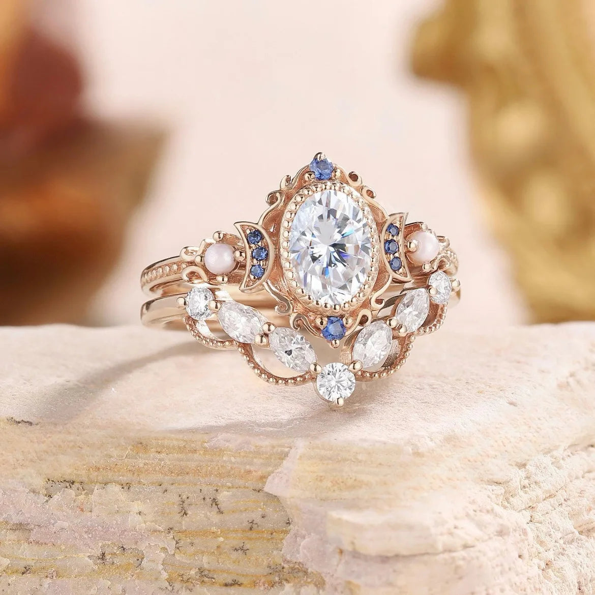 2Pcs/Set Fashion Rose Gold Color Rhinestone Zircon Rings For Women Full Crystal Rings Star Moon Wedding Engagement Jewelry Gifts KARO