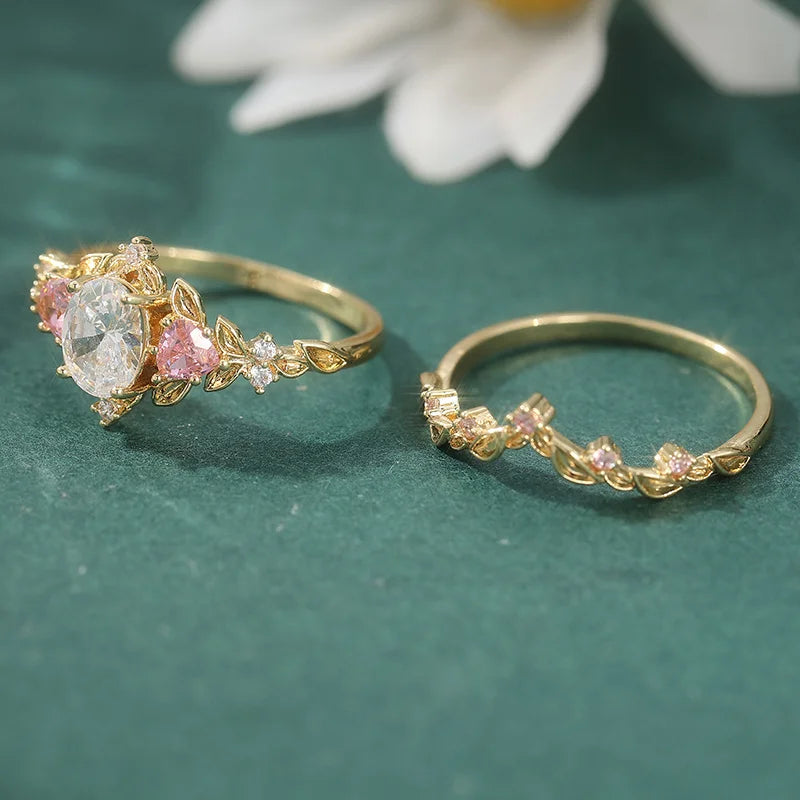 2 Pcs/set Retro Elegant Pink Synthetic Zircon Ring, Ladies' Engagement Proposal Gift, Jewelry KARO