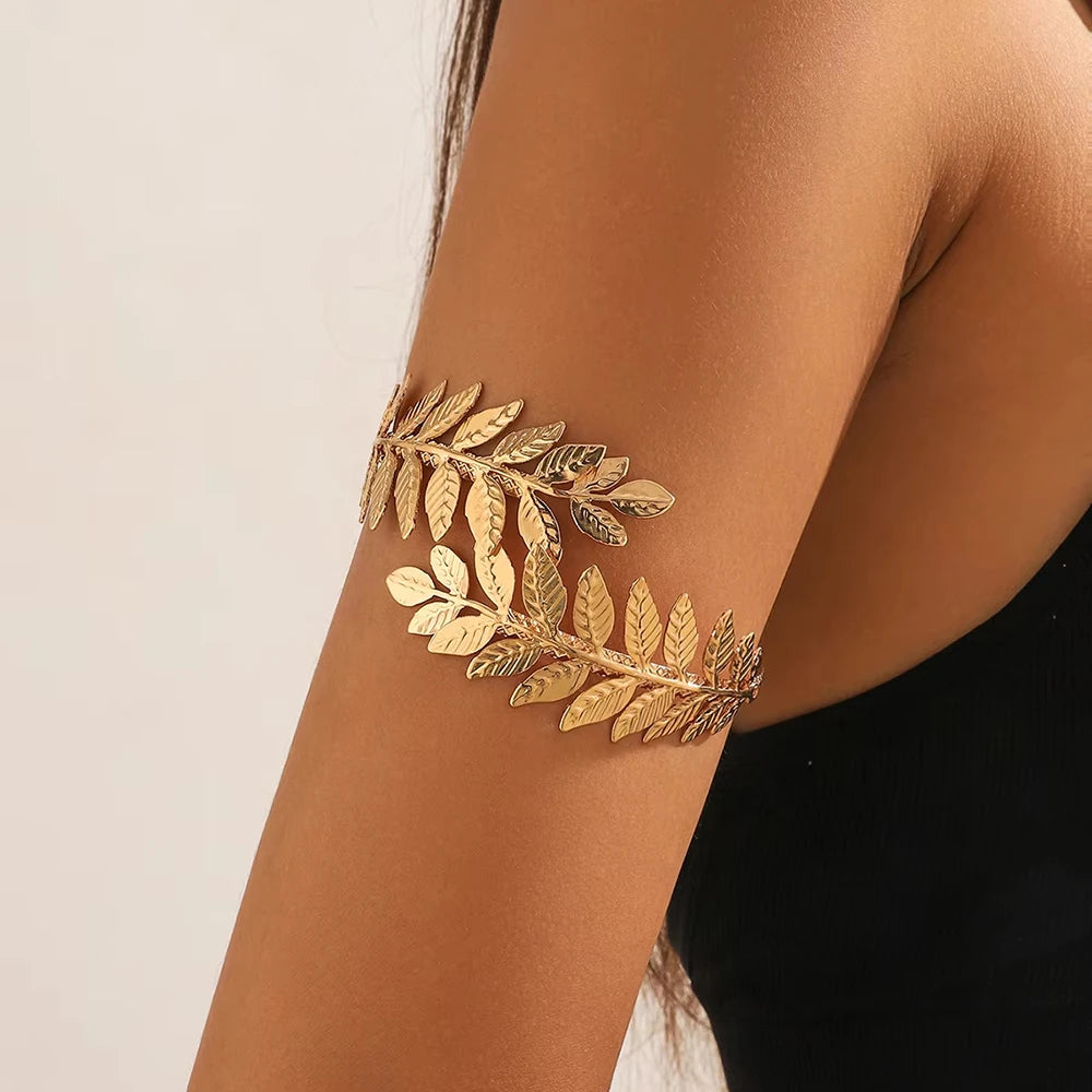 FTCY Metal Leaf Upper Arm Bracelet for Women Greek Roman Style Women's Armband Upper Arm Cuff Gold Color Jewelry Gift KARO