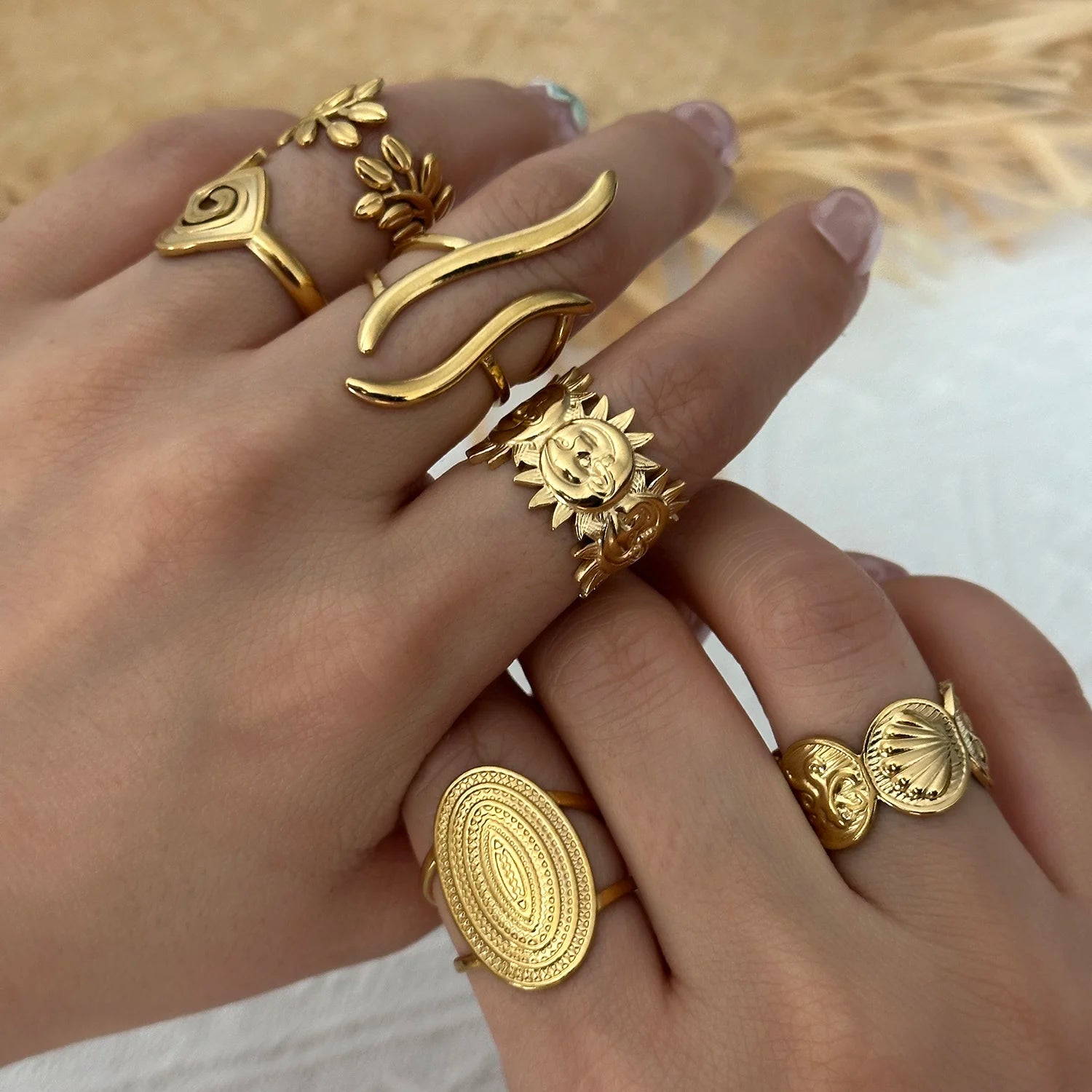 Gmai PVD Plated Stainless Steel Open Rings Set for Women Vintage Sun Leaf Shell Geometric Cuff Ring Hypoallergenic Jewelry Gift KARO