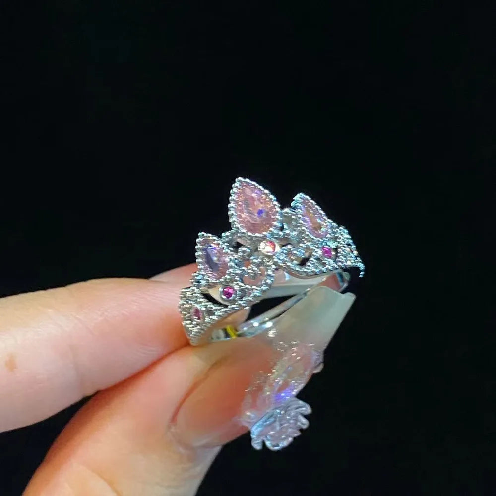 Cute Romance Silver Color Stainless Steel Pink Crystal Crown Heart Pendant Necklace for Women Luxury Bride Rings Jewelry Set KARO