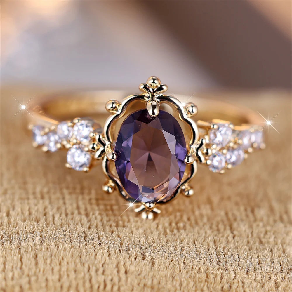Trendy Purple Crystal Oval Stone Flower Rings For Women Vintage Gold Color Bridal Wedding Band Bithstone Jewelry Engagement Gift KARO