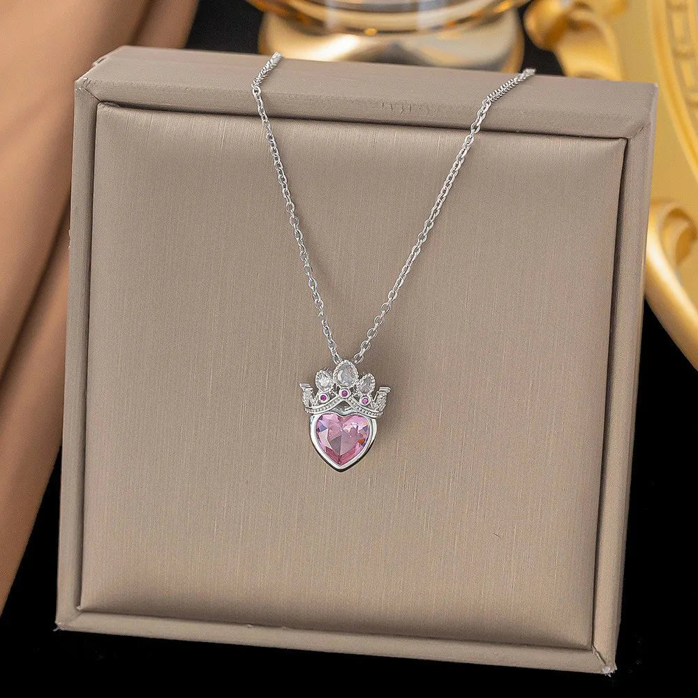 Cute Romance Silver Color Stainless Steel Pink Crystal Crown Heart Pendant Necklace for Women Luxury Bride Rings Jewelry Set KARO
