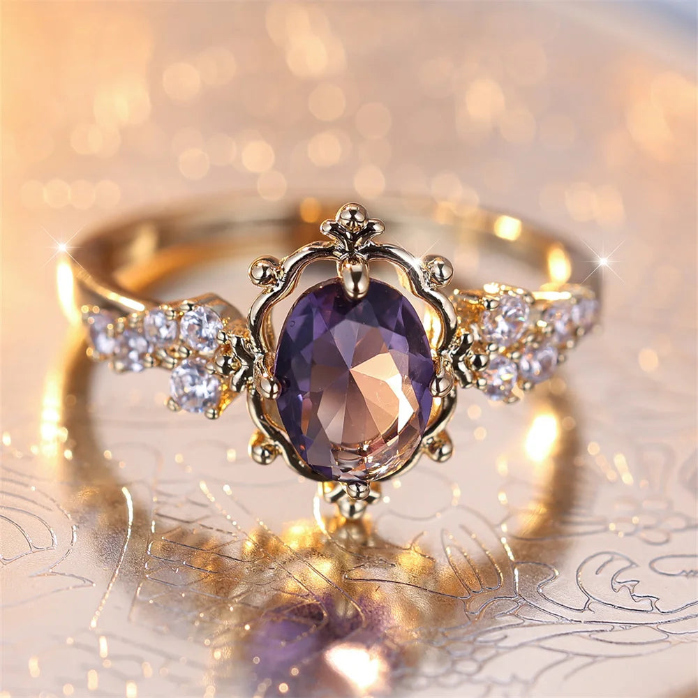 Trendy Purple Crystal Oval Stone Flower Rings For Women Vintage Gold Color Bridal Wedding Band Bithstone Jewelry Engagement Gift KARO